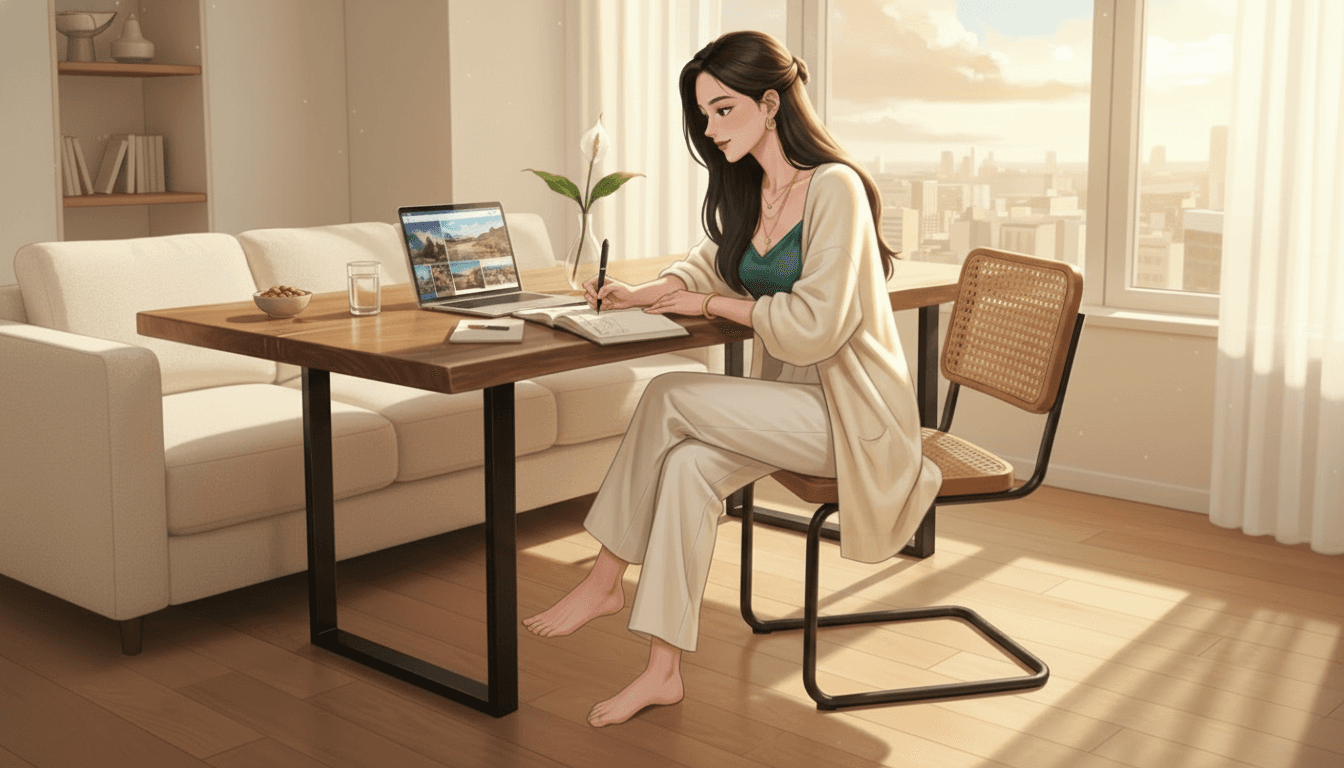 Young man sitting at desk surrounded by travel maps, adventure magazines, and bucket list journal