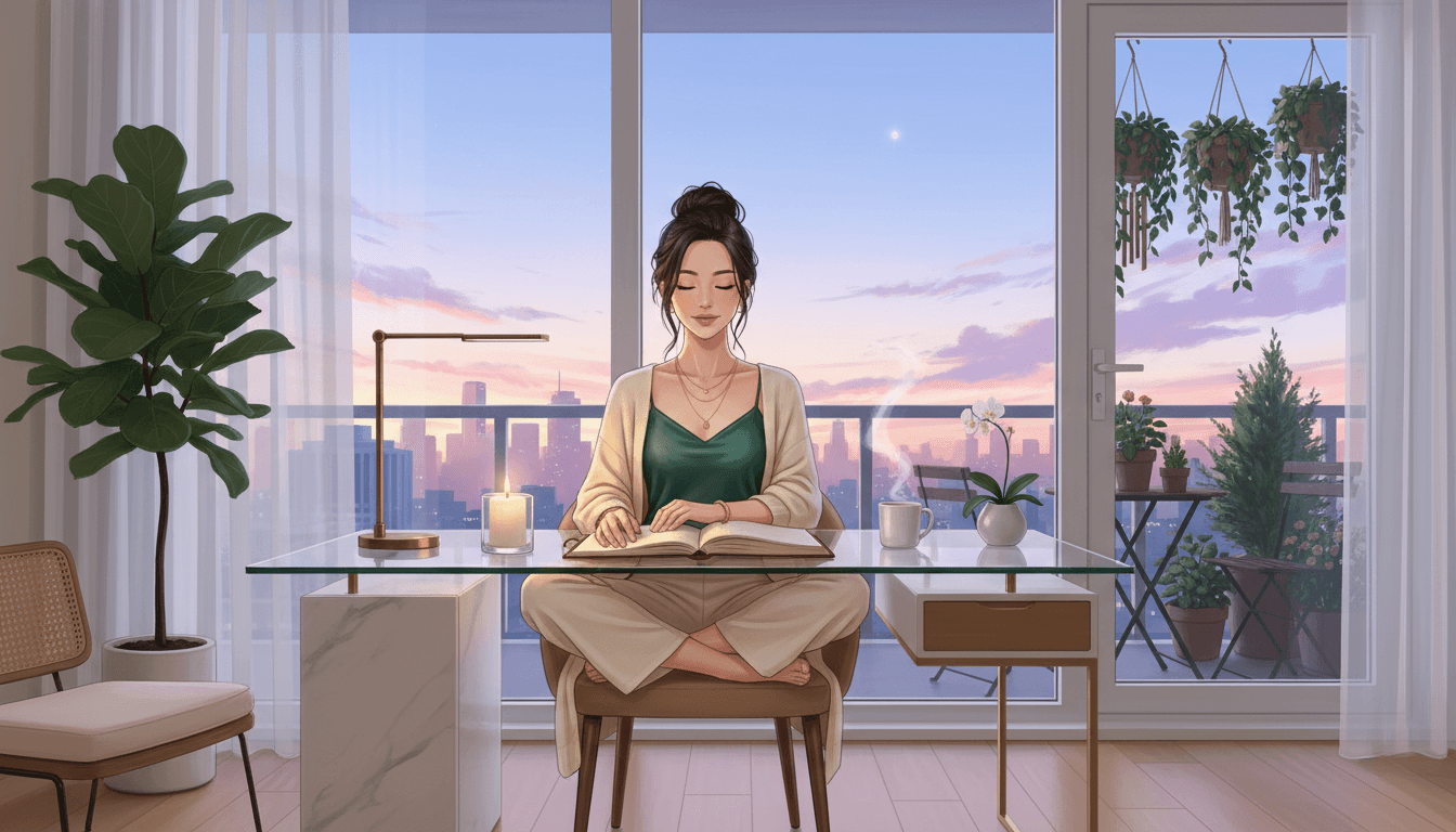 Young woman with eyes closed in peaceful meditation at minimalist desk during early dawn, candle lit beside open journal