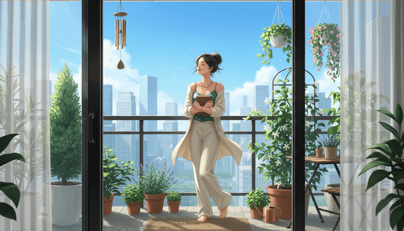 Young woman sitting on outdoor bench in peaceful garden setting, eyes closed with serene expression