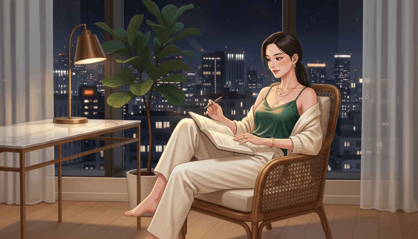 Young woman in bright morning light completing her morning routine, habit tracker visible nearby