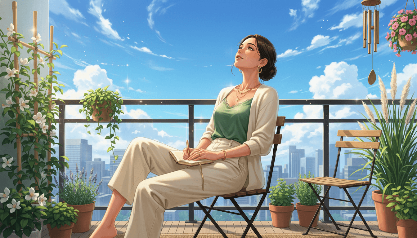 Young woman standing at large window gazing out at expansive city skyline and mountains, warm mug in hands