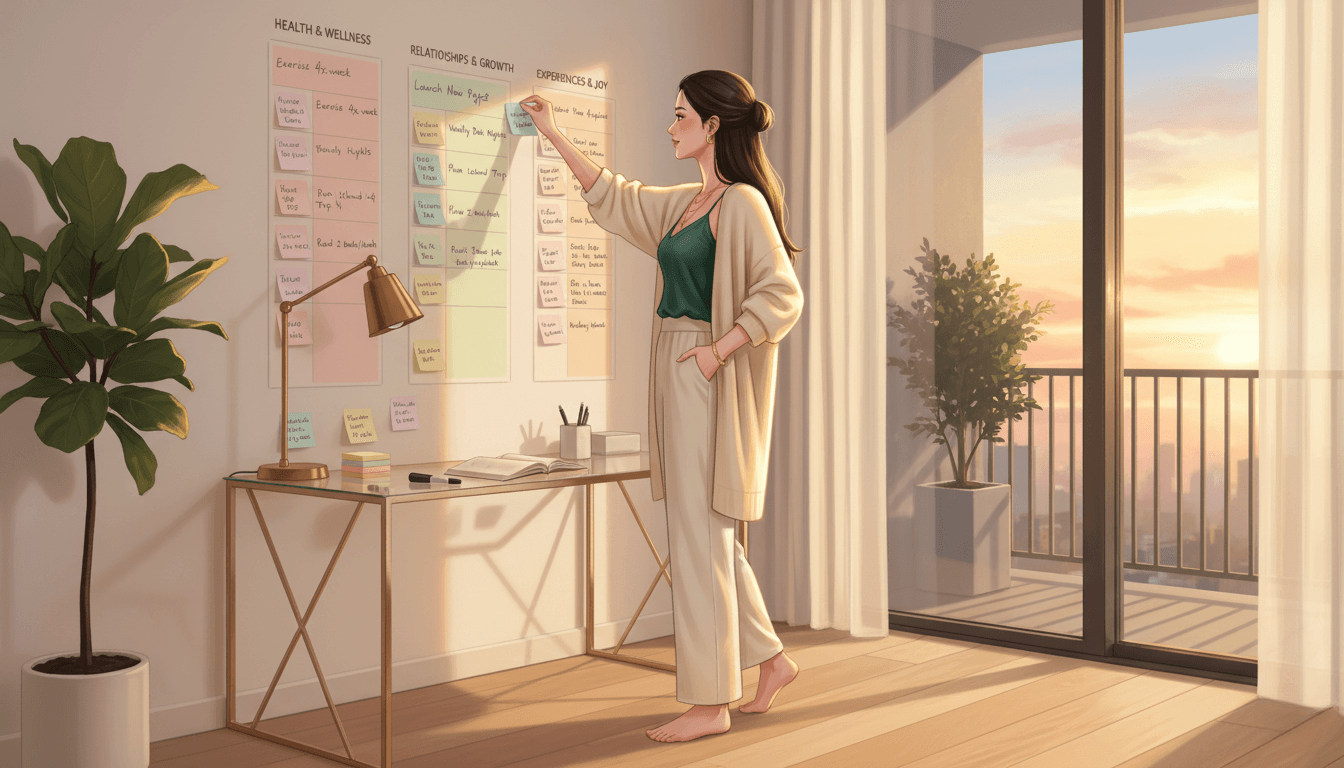 Notebook page showing clean handwritten quarterly goals with checkboxes, gold pen beside notebook