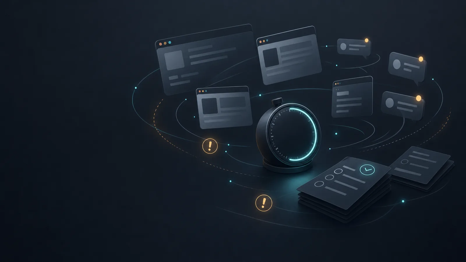 Abstract dark workspace showing a timer crowded by distracting tabs, messages, and task cards